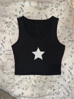 Black Ribbed Y2k Crop Tank Top with white star detail